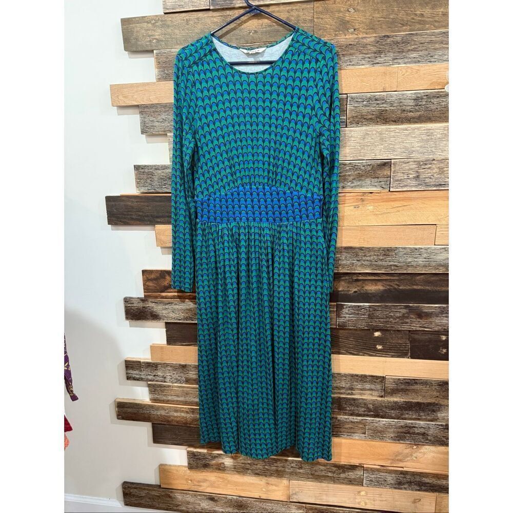 Boden Thea Long Sleeve Midi Dress green blue navy geometric print size 8R - Picture 2 of 9